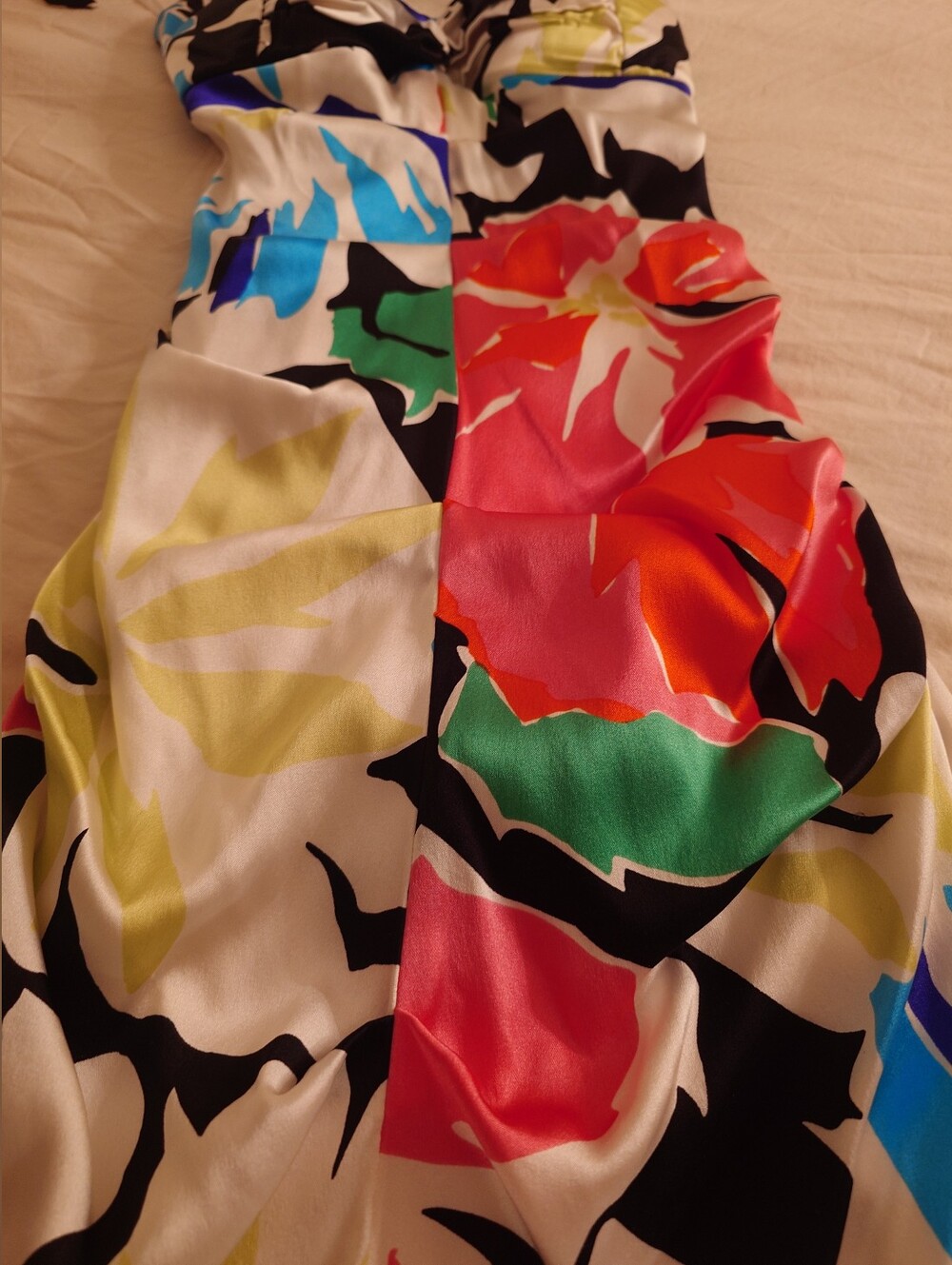 NWOT Floral CACHÉ White Stretch Satin Ruched Halter Mini Dress 2 XS Built-in Bra - Picture 14 of 14